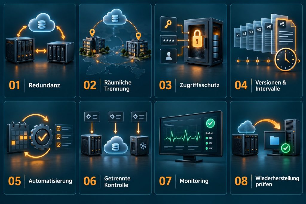 Acht Säulen moderner Backups: Redundanz, räumliche Trennung, Zugriffsschutz, Versionen und Intervalle, Automatisierung, getrennte Kontrolle, Monitoring und Wiederherstellungsprüfung