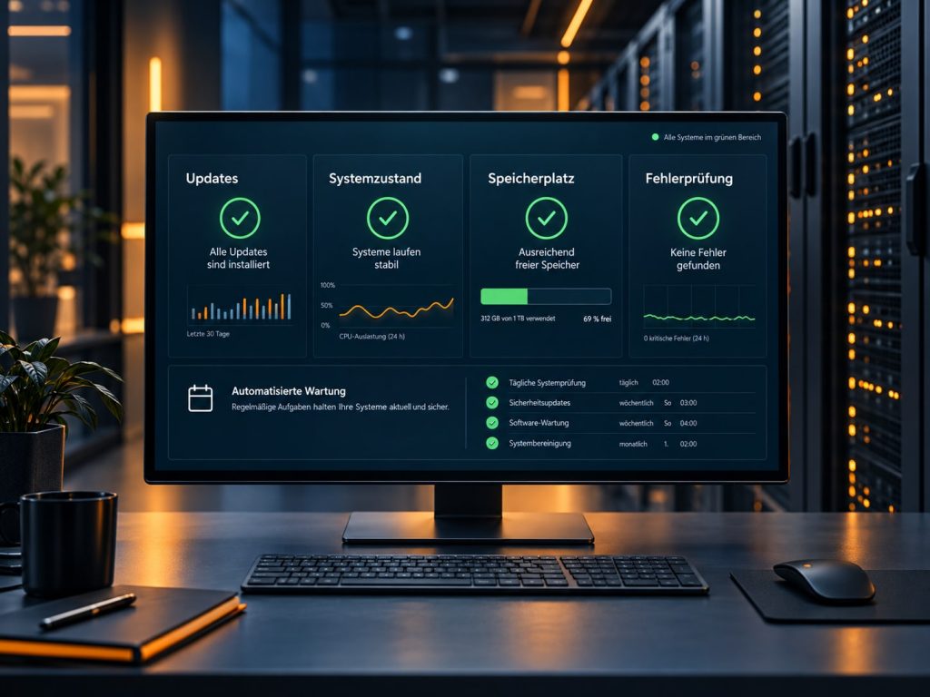Softwarewartung mit Updates, Systemzustand, freiem Speicherplatz und Fehlerprüfung