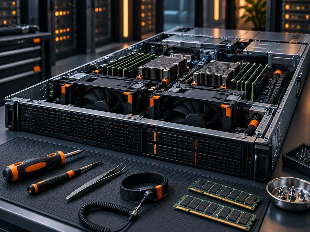 Geöffneter Server mit Wartungswerkzeug auf einer antistatischen Arbeitsfläche