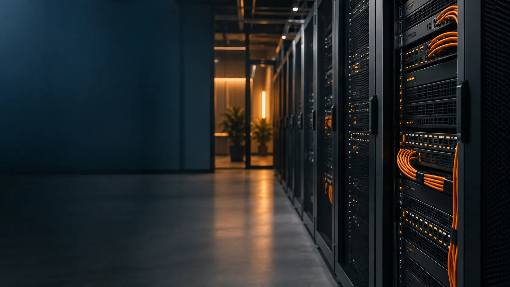 Vernetzte Server mit orangefarbenen Kabeln