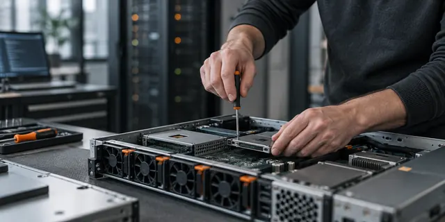 Techniker wartet einen geöffneten Server