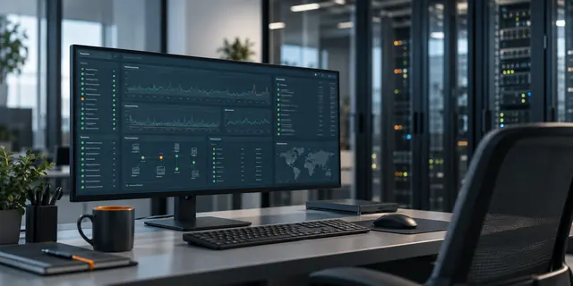 Monitoring-Arbeitsplatz mit Systemübersicht vor Serverracks