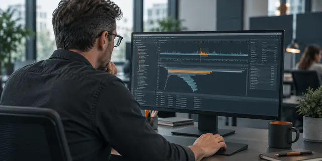 IT-Spezialist untersucht die Systemleistung am Bildschirm