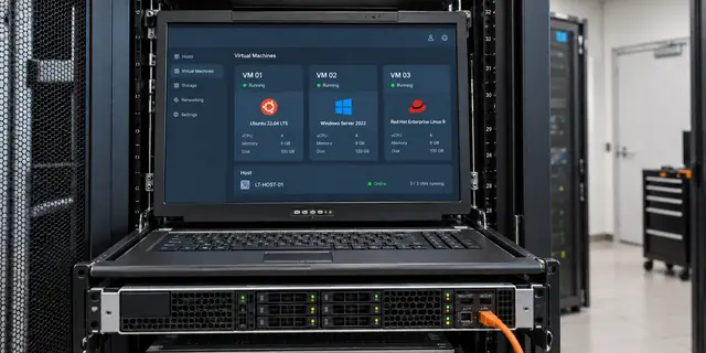 Drei virtuelle Maschinen auf einer Rack-Konsole und ihr gemeinsamer physischer Server