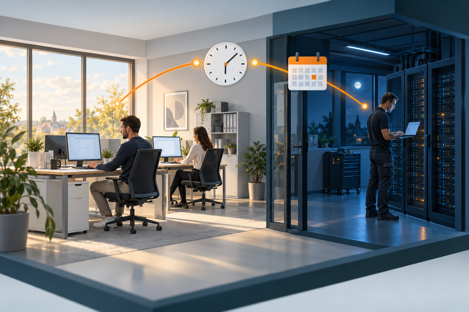 Illustration: Ungestörter Büroalltag am Tag und abgestimmte Serverwartung am Abend, verbunden durch Uhr und Kalender.